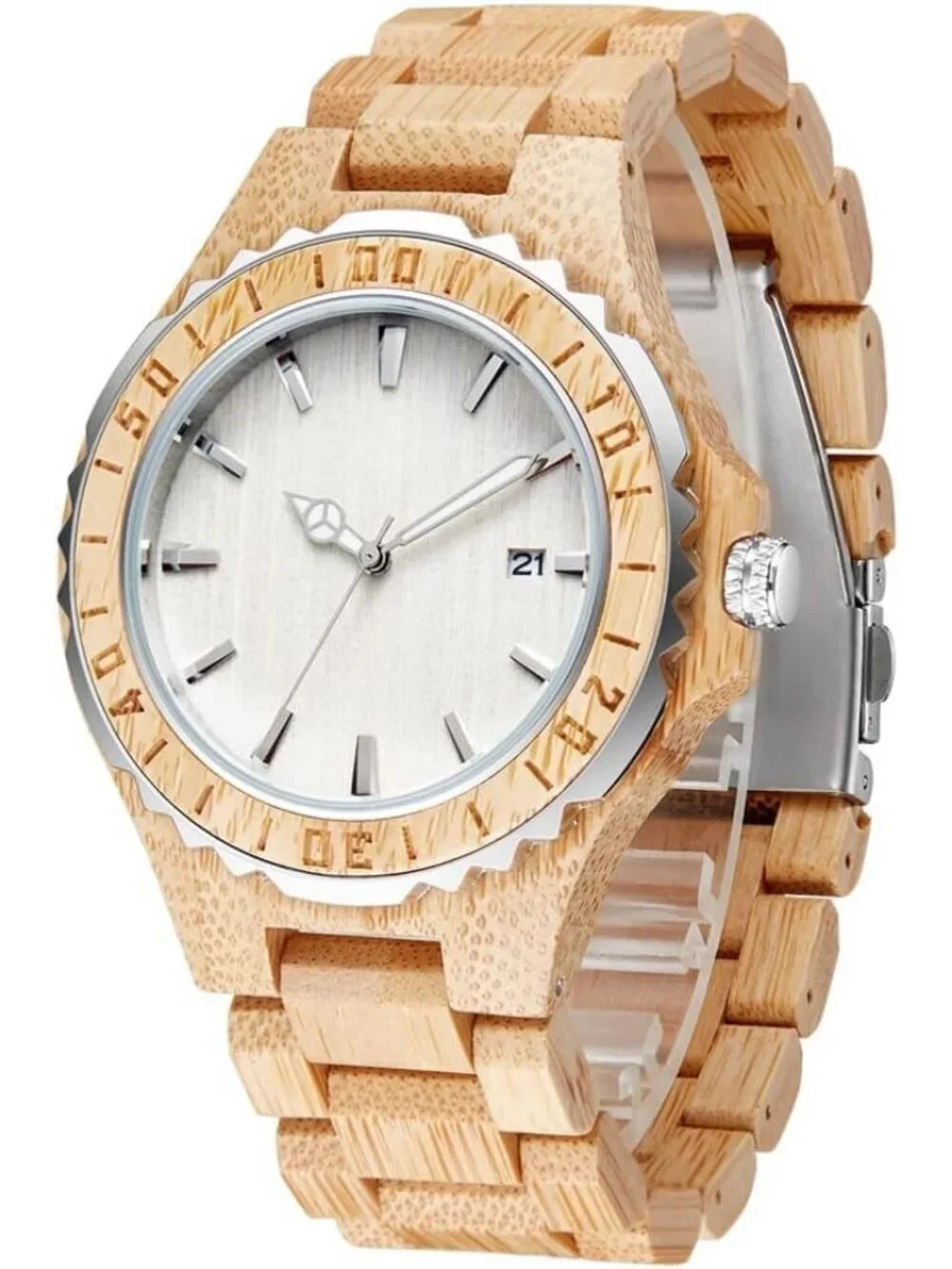 Men's Beige White Classic Handmade Round Bamboo Analog Date Quartz Wooden Watch